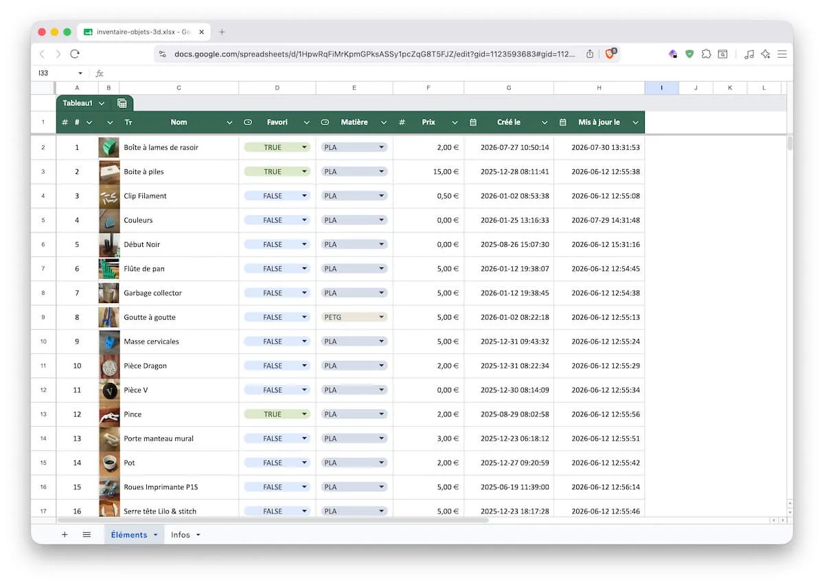 A 3D-printed object inventory displayed in Google Sheets with photos and custom fields arranged in rows and columns