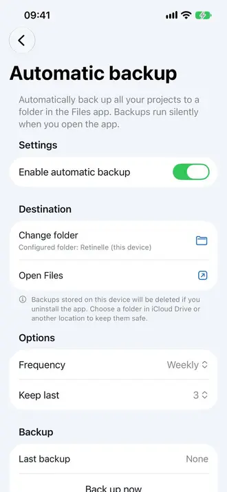 Local backup screen in Retinelle