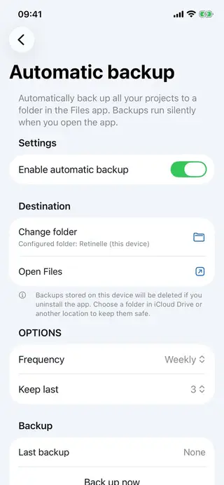 Local backup screen in Retinelle