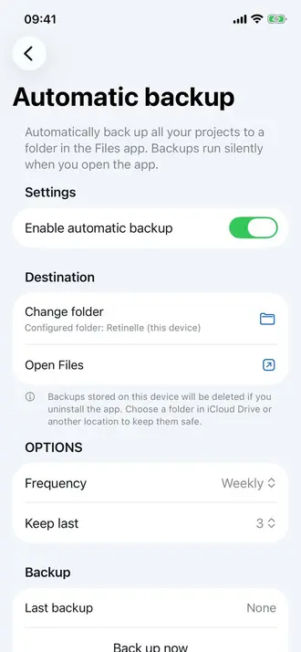 Local backup screen in Retinelle