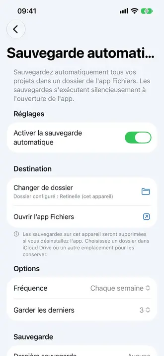 Écran de sauvegarde locale dans Retinelle