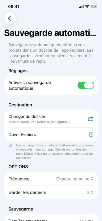 Écran de sauvegarde locale dans Retinelle