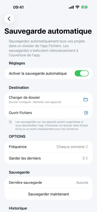 Écran "privé et hors-ligne par défaut" dans Retinelle