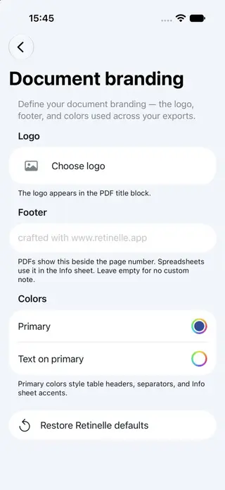 Document branding settings screen in Retinelle