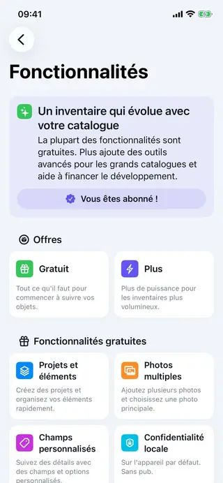 Écran de liste de fonctionnalités dans Retinelle