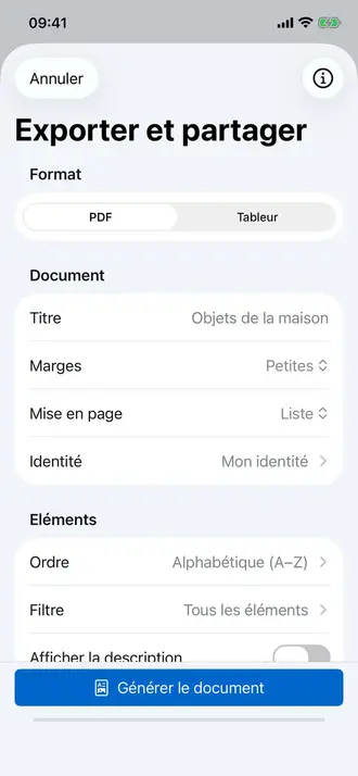 Écran de personnalisation d'export dans Retinelle