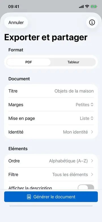 Écran de personnalisation d'export dans Retinelle