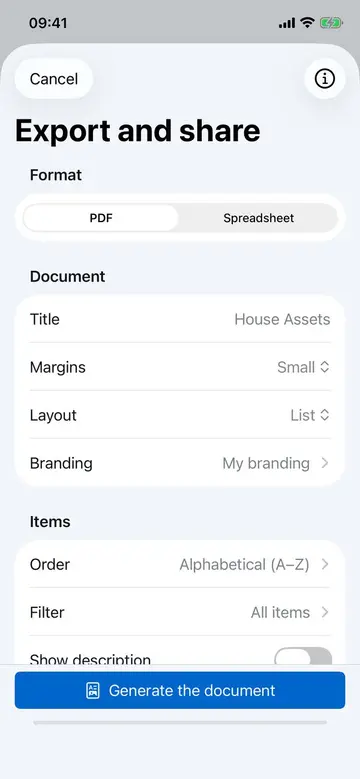 Export customization screen in Retinelle