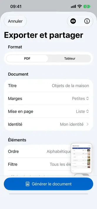 Écran de personnalisation d'export dans Retinelle