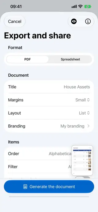 Export customization screen in Retinelle