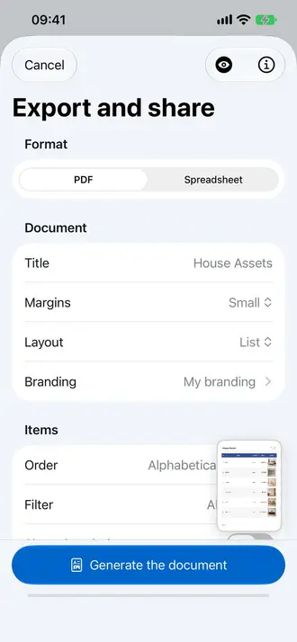 Export customization screen in Retinelle