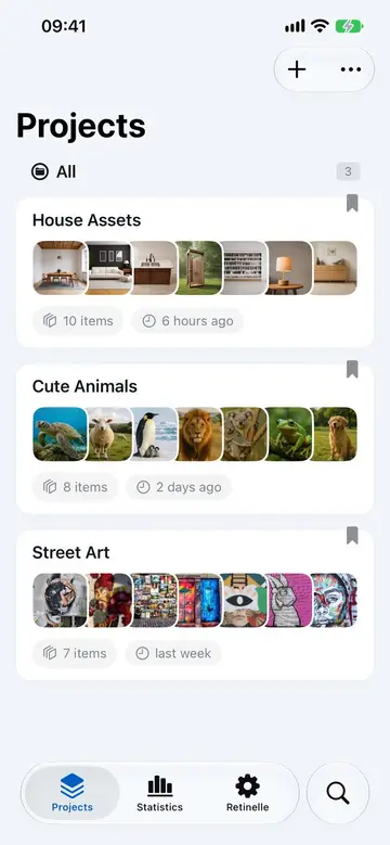 Project list screen in Retinelle