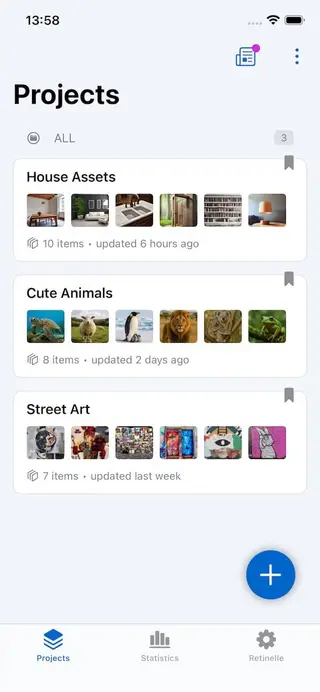 Manage multiple projects screen in Retinelle