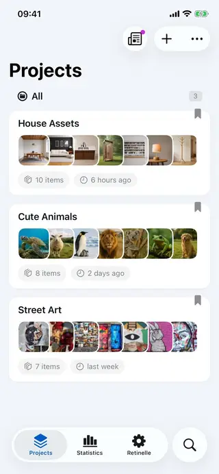 Project list screen in Retinelle