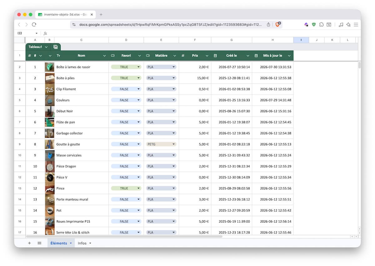 Example 3D-printed object inventory in Google Sheets